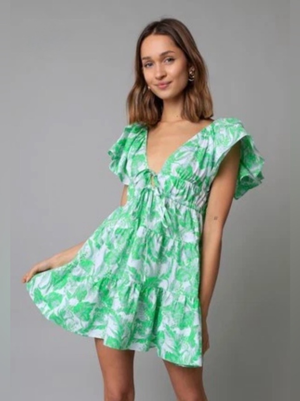 Olivaceous "Jodie" Green and White Floral Tiered Ruffle Mini Dress- S